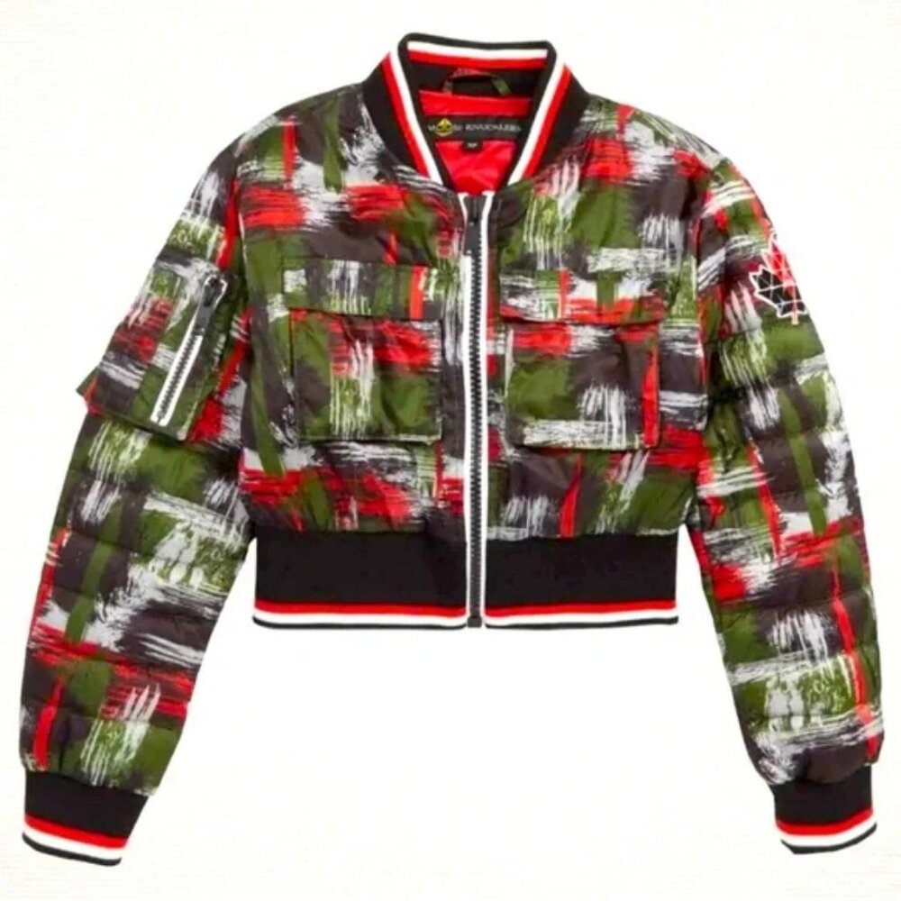 Brand new Moose Knuckles Camouflage Bomber Jacket Cadillac logo sleeve